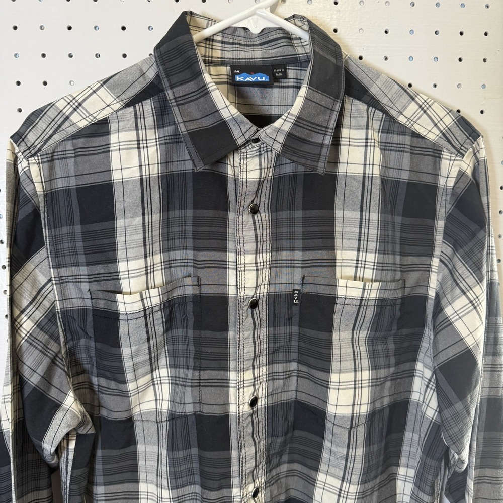 Kavu Western Shirt Men's Medium Gray Plaid Pearl Snap Long Sleeve Cowboy Rodeo